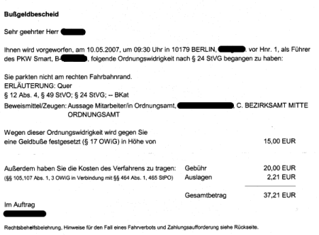 Strafzettel wegen Querparken (Smart) (UPDATE) - Bußgeldbescheid