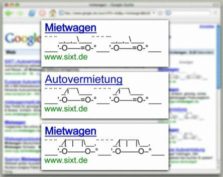 ASCII-Adwords-Anzeigen von Sixt